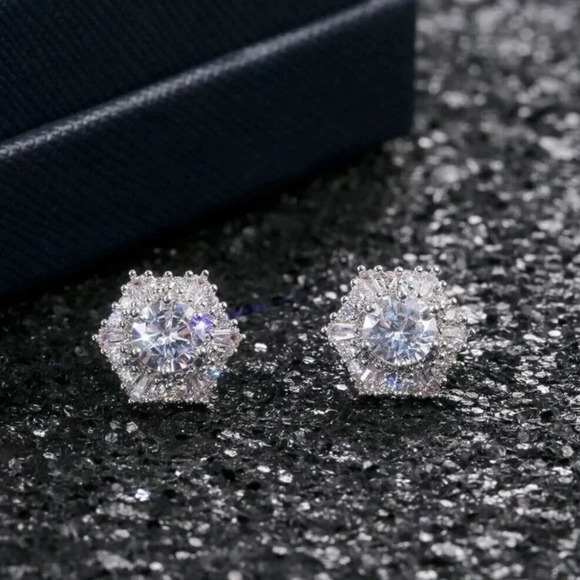 Sterling Silver Diamond Hexagon Halo Stud Earrings - Picture 8 of 10